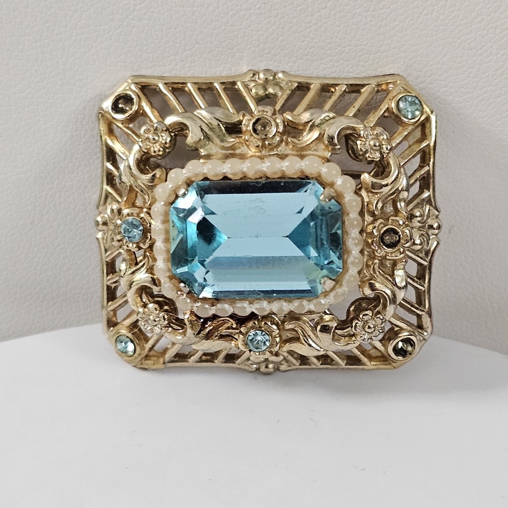 Vintage Coro Pegasus Aquamarine Emerald Cut Glass Brooch w/ Seed Pearls - Signed